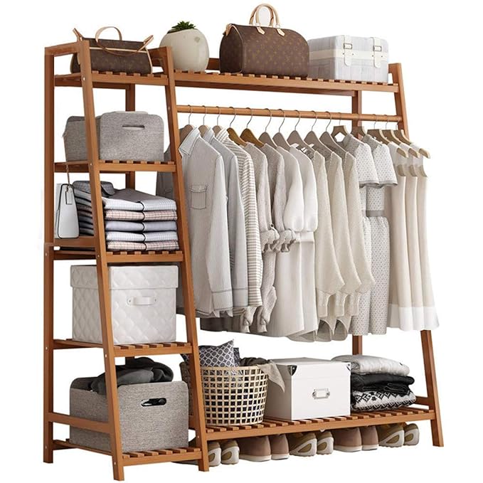 LEOPAX Bamboo Coat/Clothing/Garment Rack/Freestanding Storage with 5-Tier Shelf (110 x 40 x 140cm, Natural)