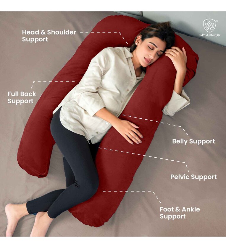 U Shaped Velvet 50 x 31 Inch Pregnancy Pillow in Maroon Colour