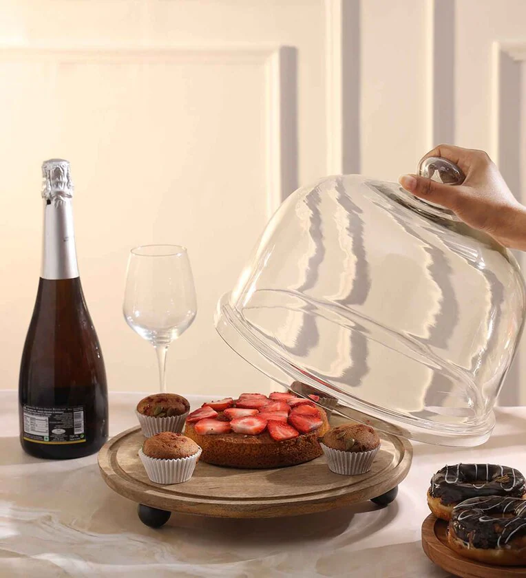 Brown Mango Wood Cloche With Wooden Base