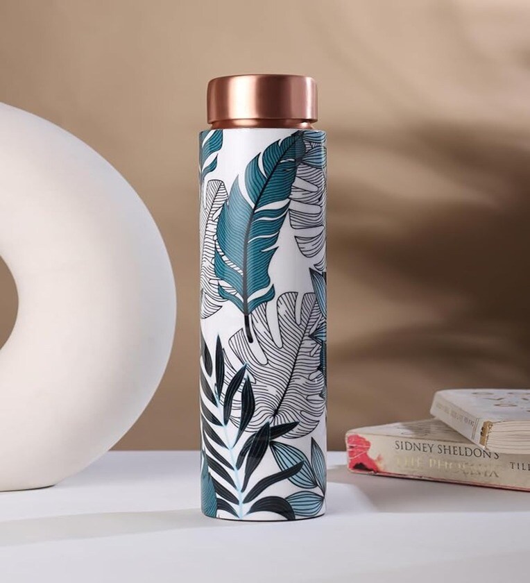 Meenakari Leaf Design 750 ML Leak Proof Pure Copper Water Bottle