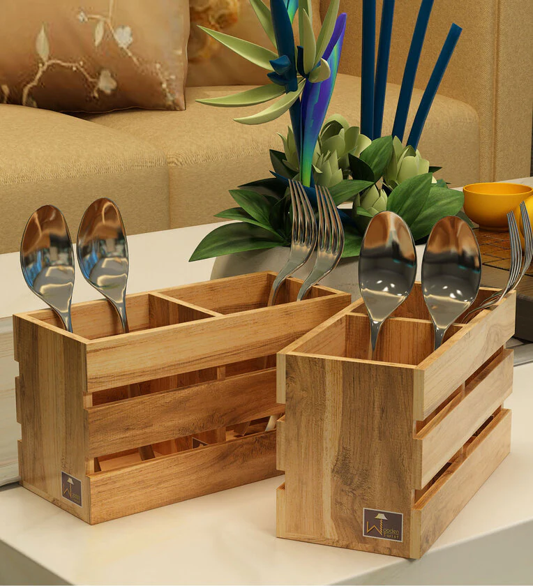 Teak Wood Besteck Cutlery Holder In Natural Finish Set of 2