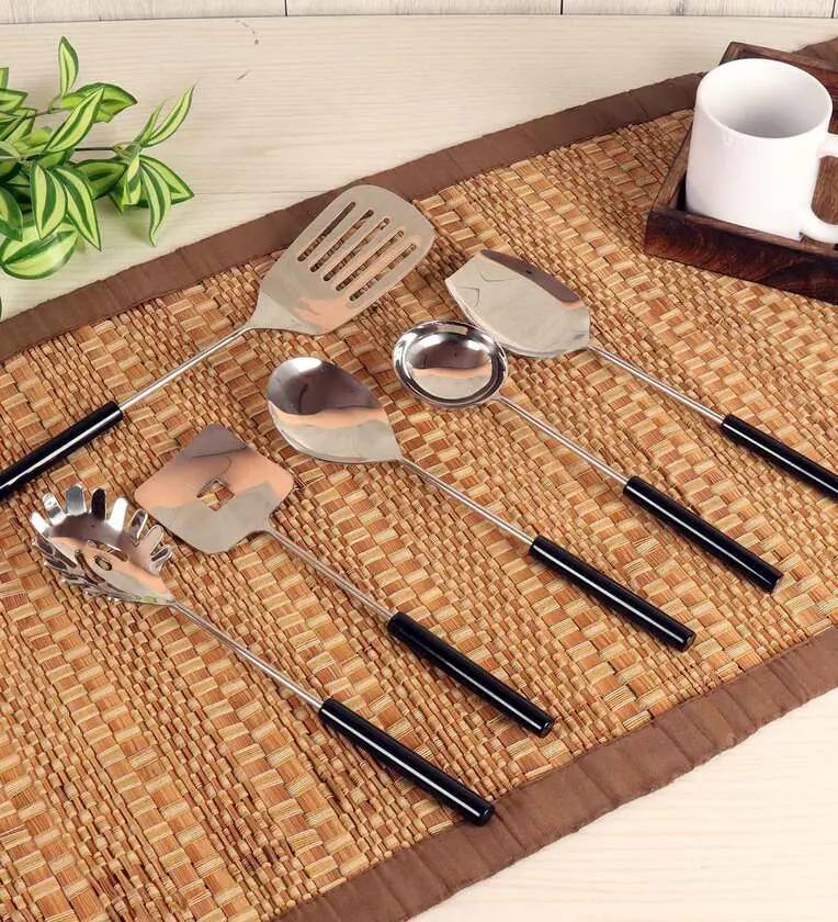 Elite Black & Silver Stainless Steel (Set of 6) Serving Cutlery
