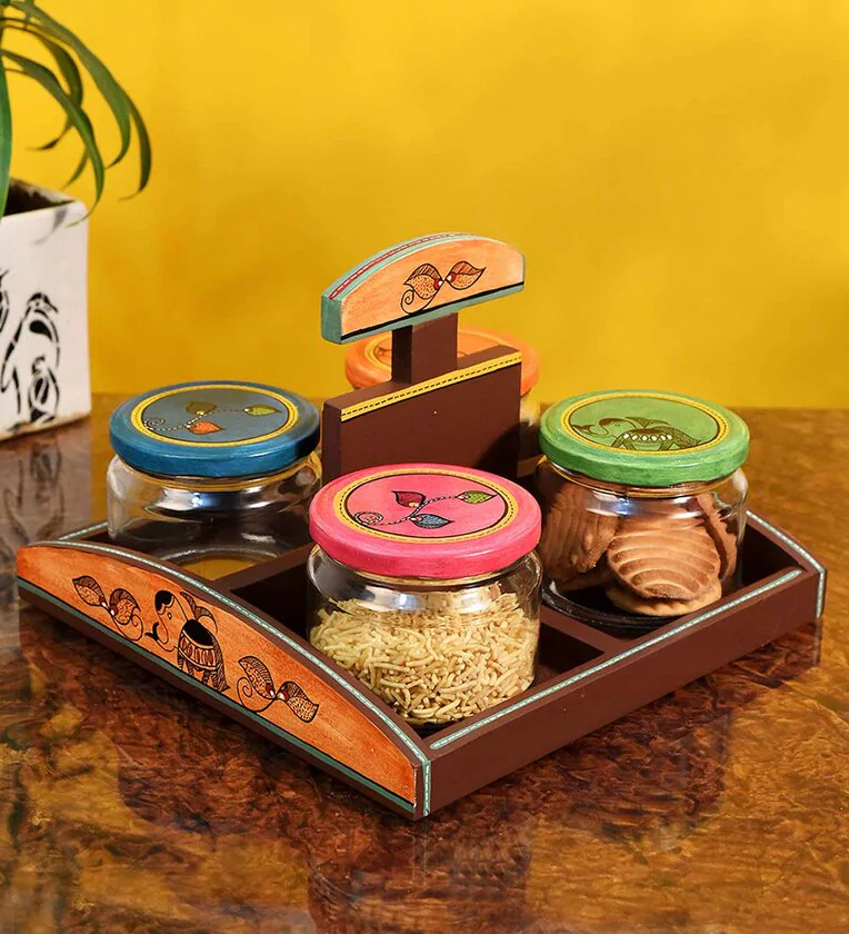 Madhubani Natural Brown Glass and Wood 4 Pcs Condiments Jars with Tray