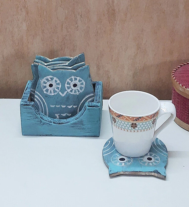 Owl shape Teal Blue Rustic Handpainted Wood 7 Pcs Coasters with Stand