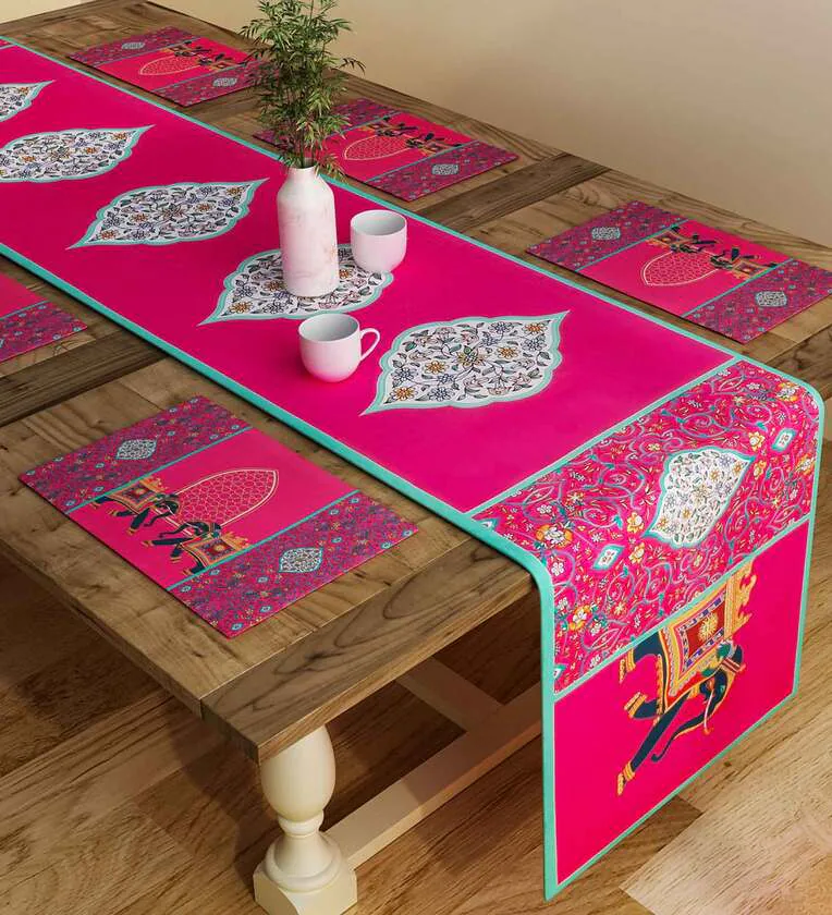 Gabon (12x18) Pink & Blue Poly Cotton (Set of 6) Table Linen Set