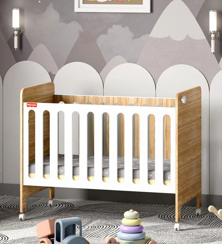 Romania Height Adjustable Baby Crib With Wheels & Mattress In White Colour