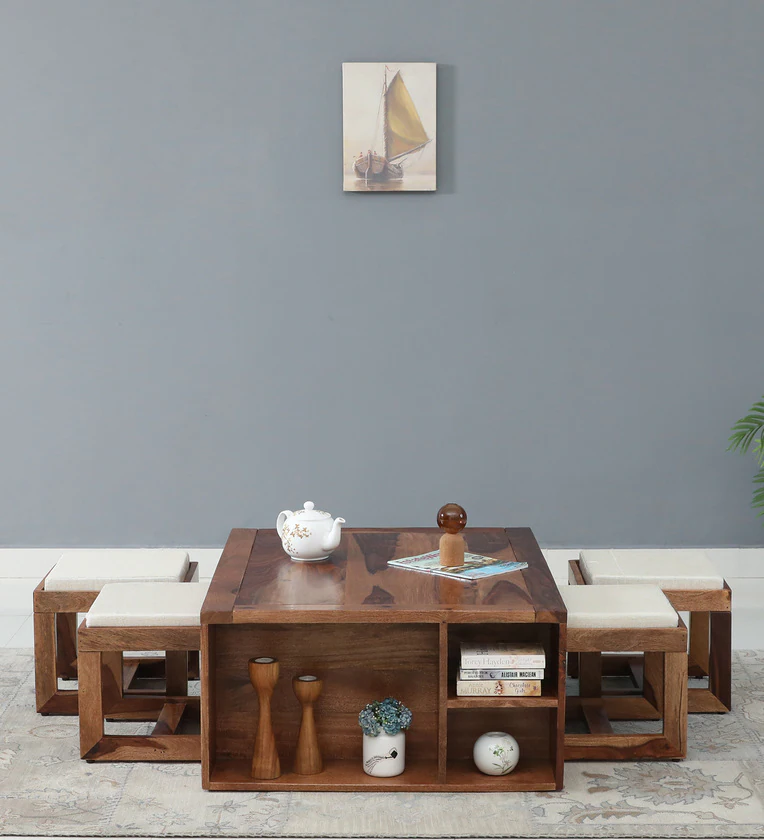 Kelty Sheesham Wood Nesting Coffee Table Set in Scratch Resistant Rustic Teak Finish With Cushioned Stools