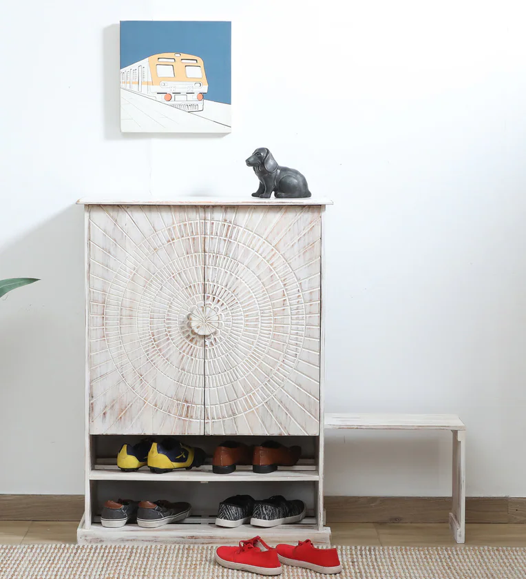 Sunburst Solid Wood Shoe Cabinet in White finish
