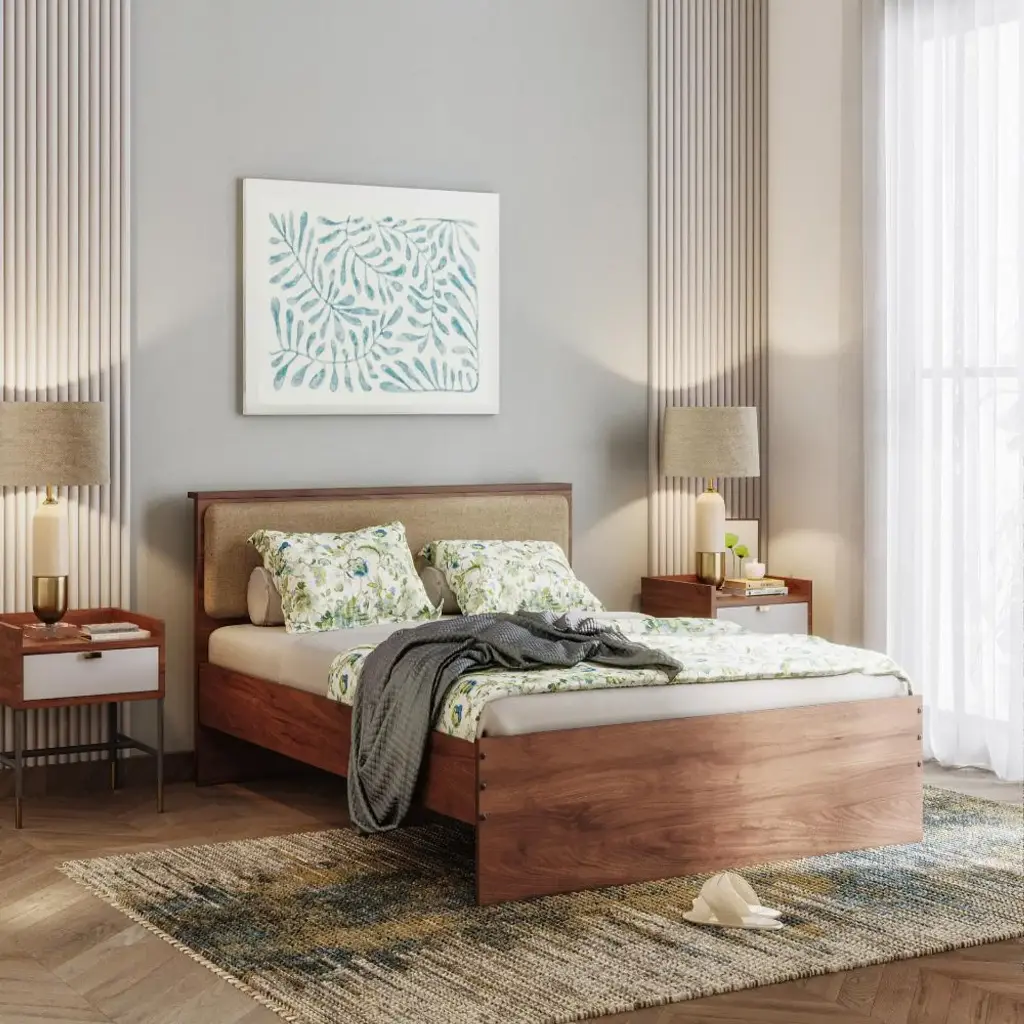 Taurus Queen Non - Storage Engineered Wood Bed With Omega Pearl Upholstered Headboard