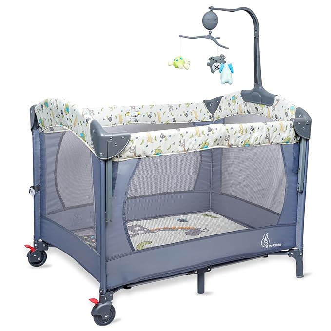 R for Rabbit Hide and Seek Plus Convertible Bedside Baby Cot & Crib, Compact Fold for Easy Storage Playyard, Hanging Toy bar Soothing Music Playpen for Kids 0-3 Years | 6 Months Warranty | (Grey)