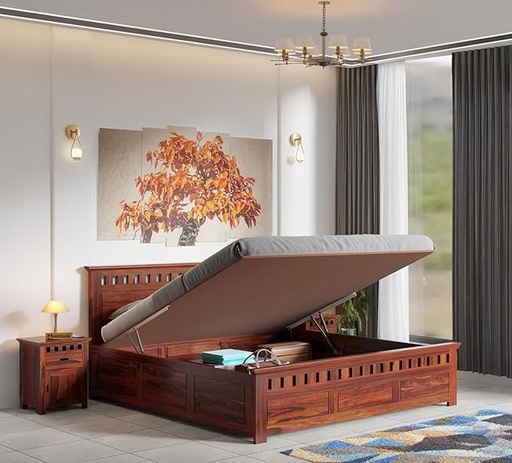 WeeHom Furniture Sheesham Wood King Size Bed with Hydraulic Storage
