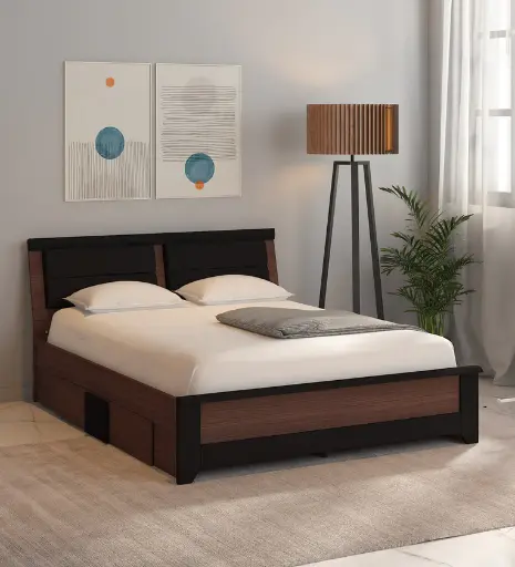 Ryouta Upholstered Queen Size Bed in Wenge Finish with Side Drawer Storage