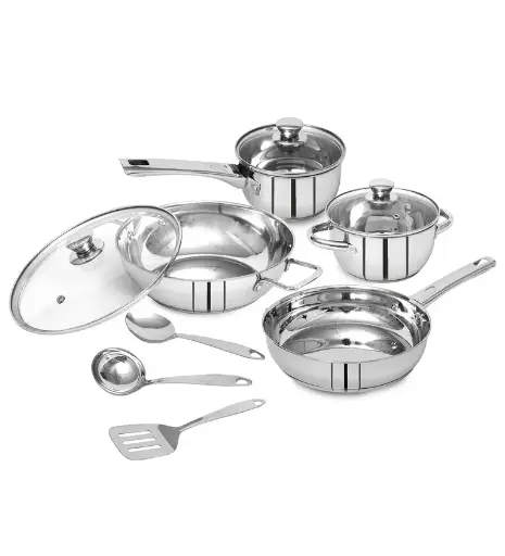 Silver Stainless Steel Tri Ply Induction Base Cookware Set of 10 Pcs With Glass Lid