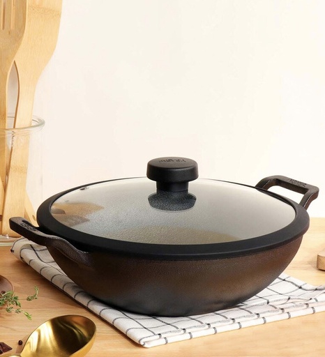 Pre Seasoned Non- Stick Black Cast Iron Kadhai with Lid