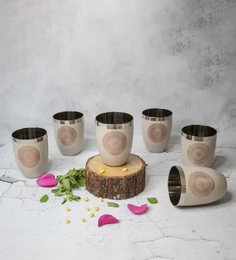 Coffee Brown Stainless Steel Round300 ml Printed (Set of 6) Everyday Glasses