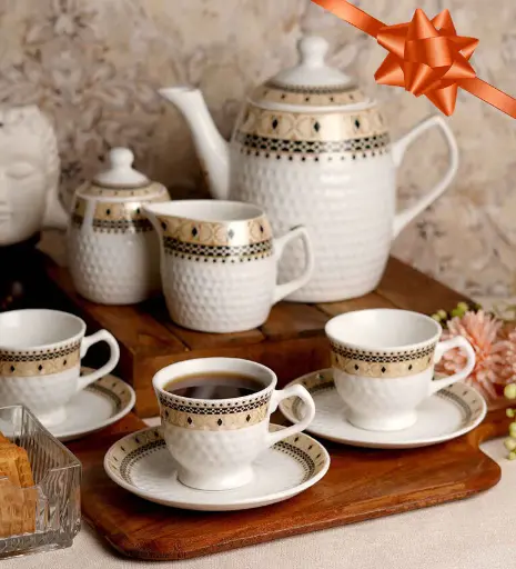 White &Black Embossed Printed 15 PCs Tea Set