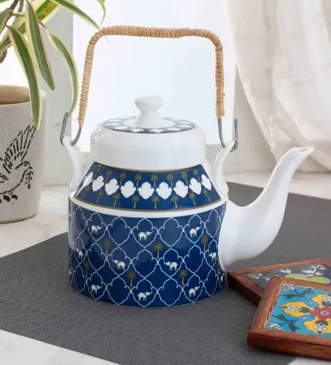 Printed 1 Ltr Blue & White Ceramic Tea Pot