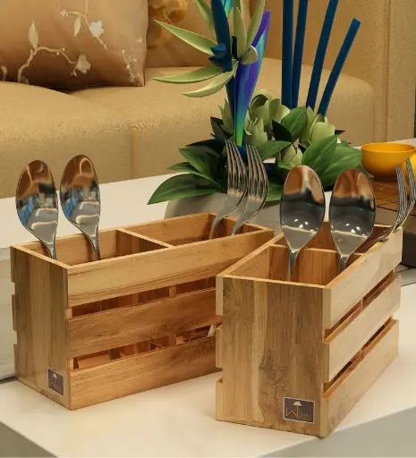 Teak Wood Besteck Cutlery Holder In Natural Finish Set of 2