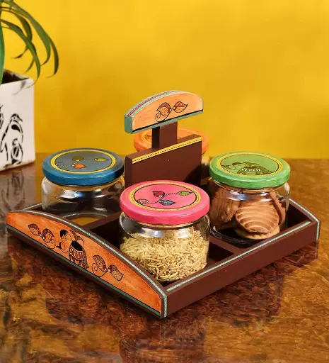 Madhubani Natural Brown Glass and Wood 4 Pcs Condiments Jars with Tray