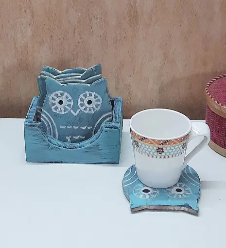 Owl shape Teal Blue Rustic Handpainted Wood 7 Pcs Coasters with Stand