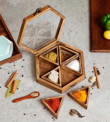 Handcrafted 6 Compartment Mango Wood Spice Box