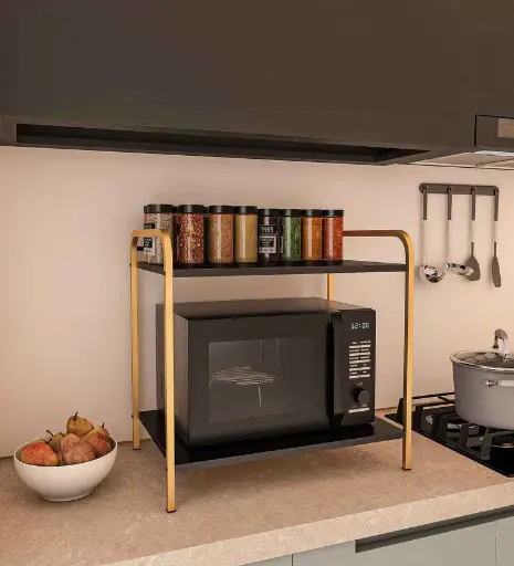 Black & Gold Mild Steel Premium Microwave & OTG Stand For Kitchen Counter