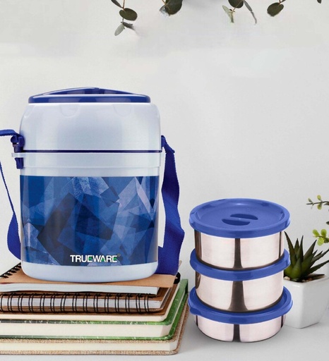 Office Plus Dark Blue Plastic & Steel Thermoware Lunch Box ( Set Of 3 Container )