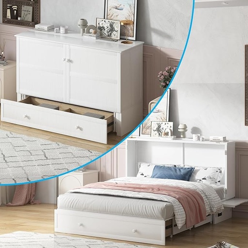 Mjkone Murphy Bed Chest, Cabinet Bed with Trifold Foam Mattress, Queen Murphy Cube Cabinet Bed with USB Charging Station and Large Storage Drawers for Living Room/Bedroom/Office (White)