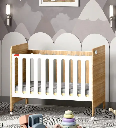 Romania Height Adjustable Baby Crib With Wheels & Mattress In White Colour