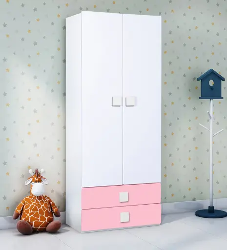 Kids 2 Door Wardrobe with Drawers in Pink & White Colour