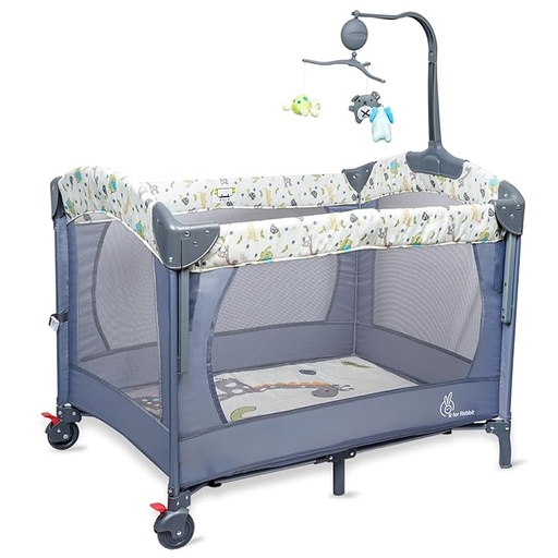 R for Rabbit Hide and Seek Plus Convertible Bedside Baby Cot & Crib, Compact Fold for Easy Storage Playyard, Hanging Toy bar Soothing Music Playpen for Kids 0-3 Years | 6 Months Warranty | (Grey)